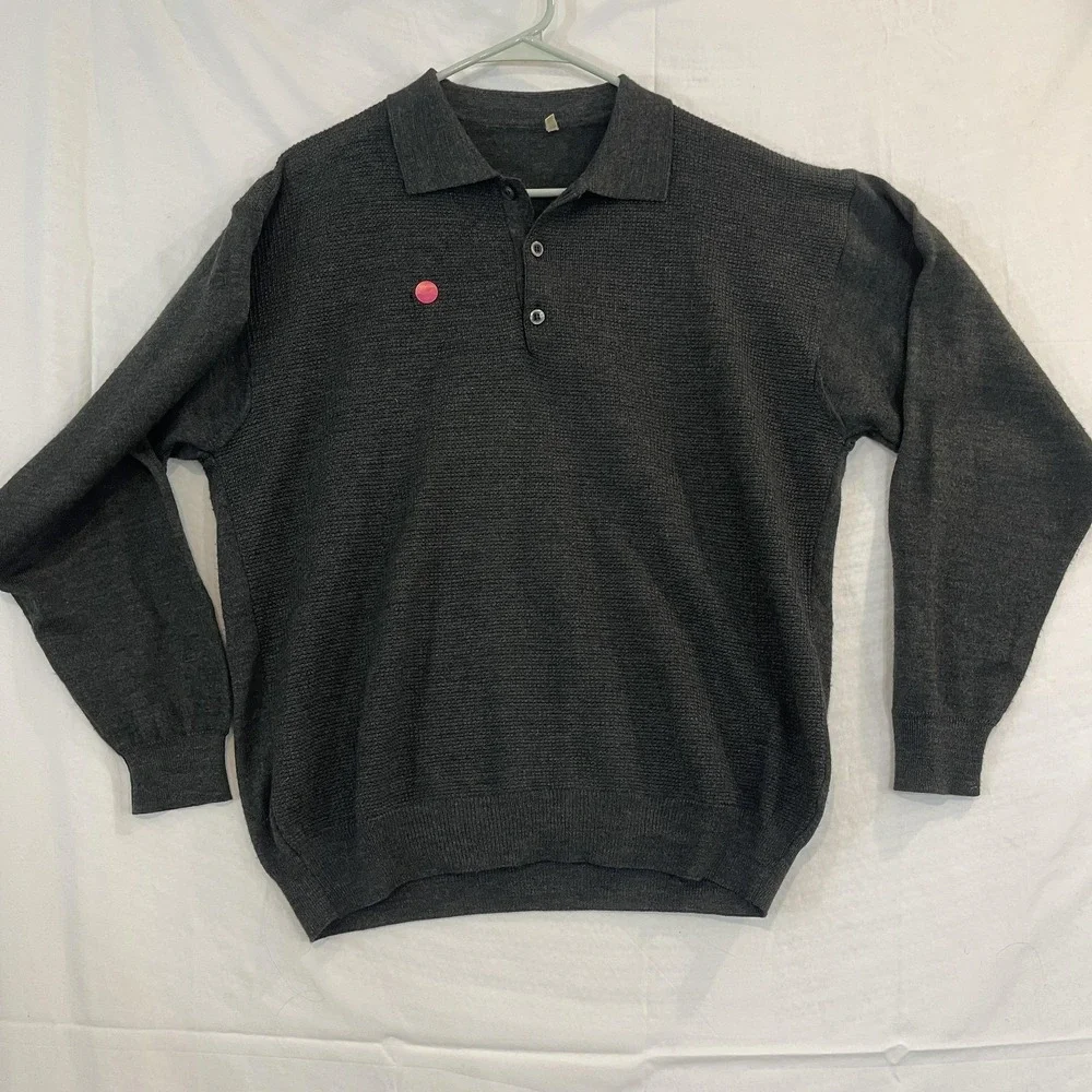 READ Henley Sweater Mens M Gray‎ Wool Blend Collared Pocket Knit Pullover Italy